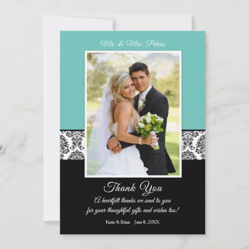 Damask and light teal ANY ACCENT COLOR Wedding Thank You Card