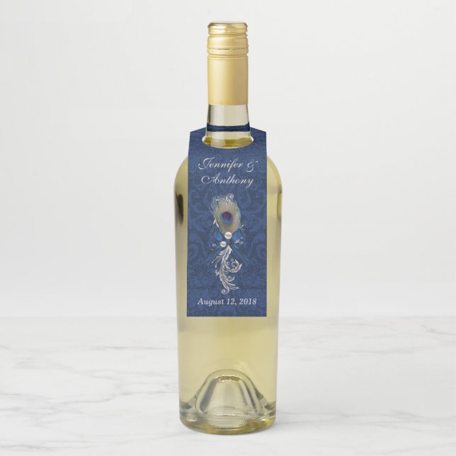Damask and Peacock Feather Wedding Wine Hanger (On Bottle)