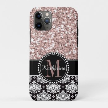 Damask And Pink Glitter  Monogrammed Iphone 11 Pro Case by CoolestPhoneCases at Zazzle