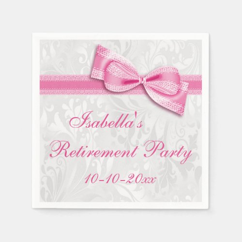 Damask and Pretty Pink Faux Bow Retirement Paper Napkins