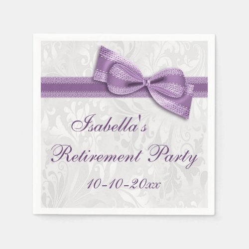 Damask and Purple Faux Bow Retirement Paper Napkins