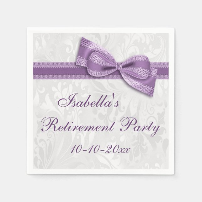 Damask and Purple Faux Bow Retirement Paper Napkins (Front)