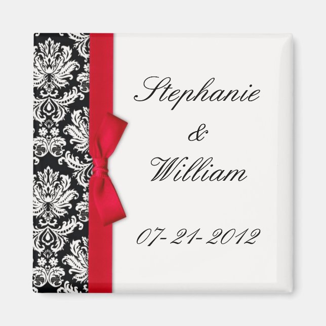 Damask and Red Bow Fridge Magnet (Front)