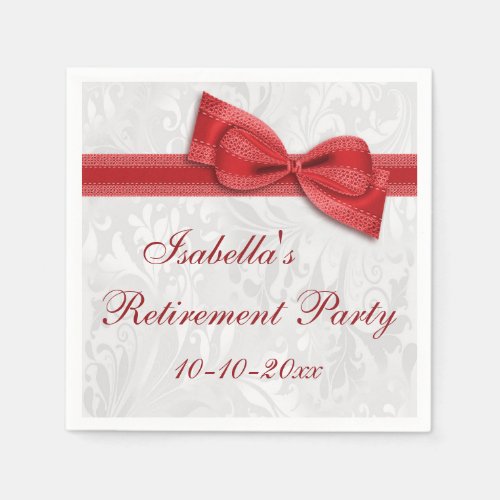 Damask and Romantic Red Faux Bow Retirement Paper Napkins