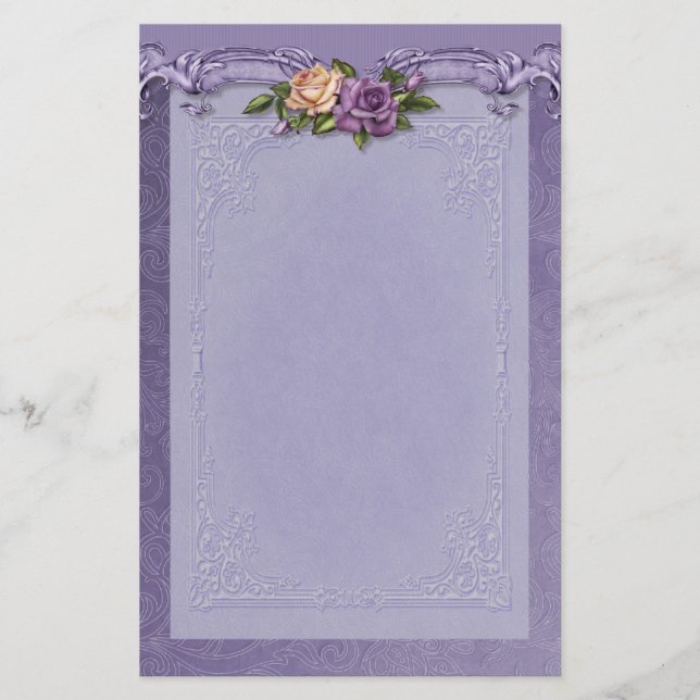 Damask and Roses Purple Stationery (Front)