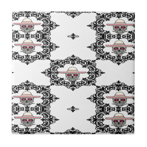 Damask and skull ceramic tile