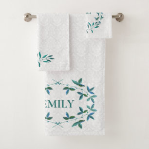 Damask And Watercolor Leaves Bath Towel Set