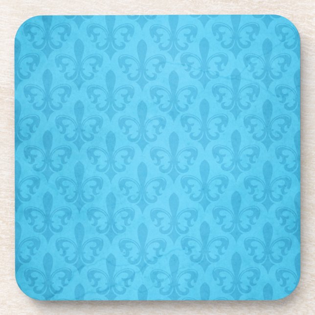 Damask aqua blue fleur de lis set of 6 coasters (Front)