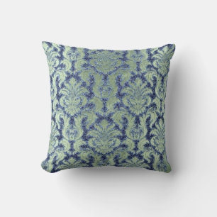 Damask Aqua Blue Navy Mint Green Cottage Velvet Throw Pillow
