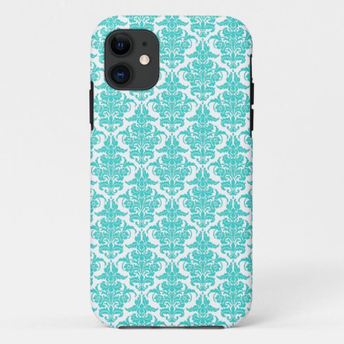 Damask _ Aqua Blue on White iPhone Case