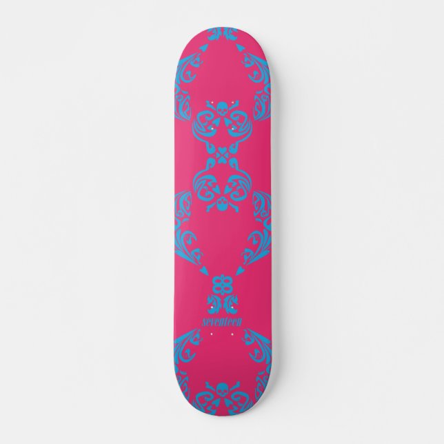 Damask Aqua-Magenta Skateboard Deck (Front)
