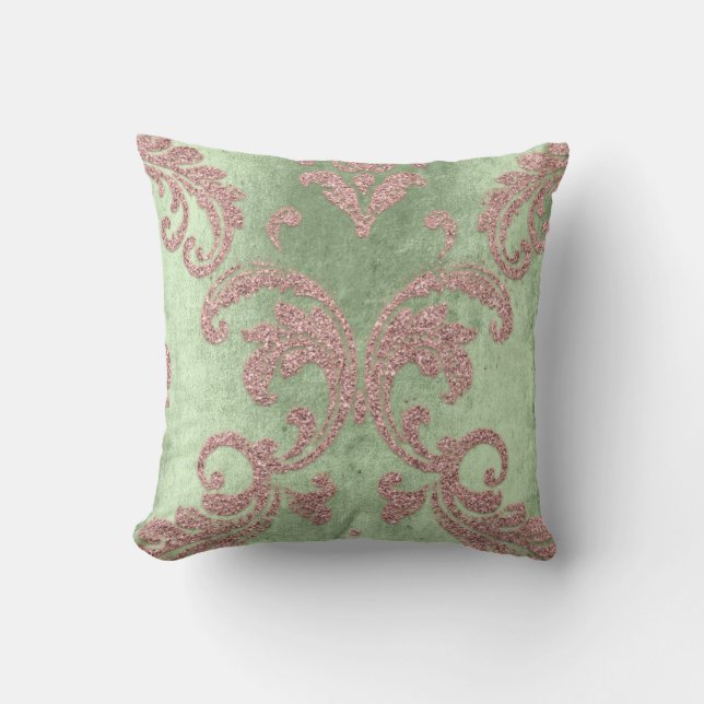Damask Aqua Pink Blush  Mint Green Cottage Velvet Throw Pillow (Front)