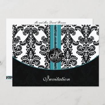damask aqua wedding monogram invitation