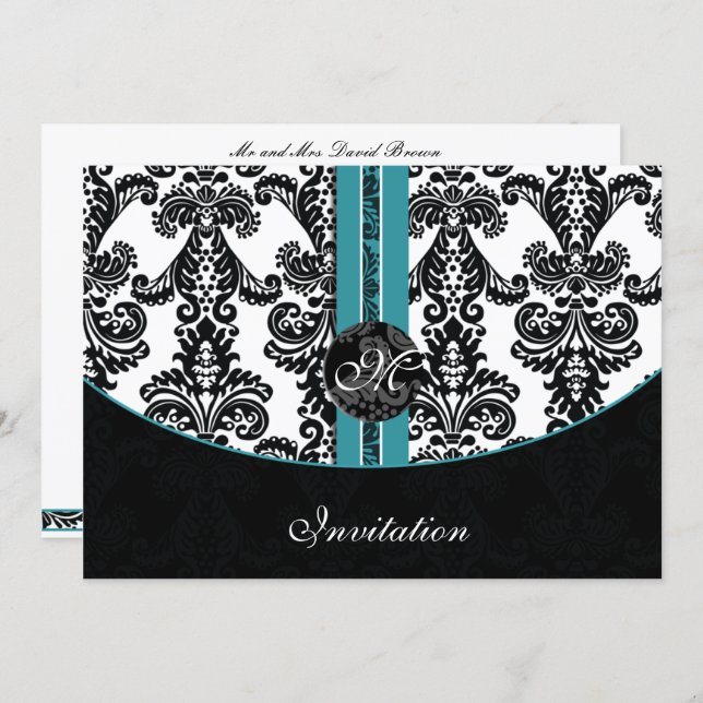 damask aqua wedding monogram invitation (Front/Back)