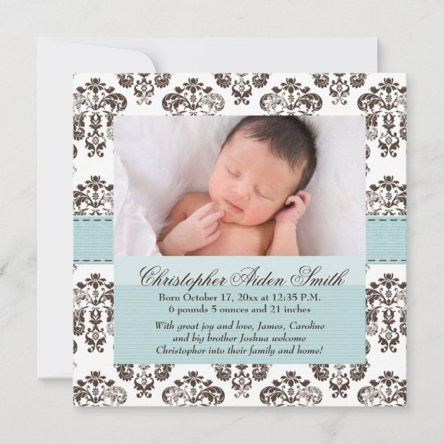 Damask Baby Announcement Blue and Brown (Front)