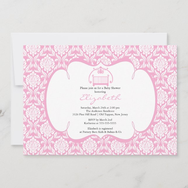 Damask Baby Shower Invitation Pink Crib Girl (Front)