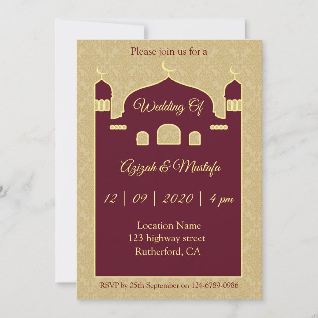 Damask Background On Arabic Wedding Invitation (Front)