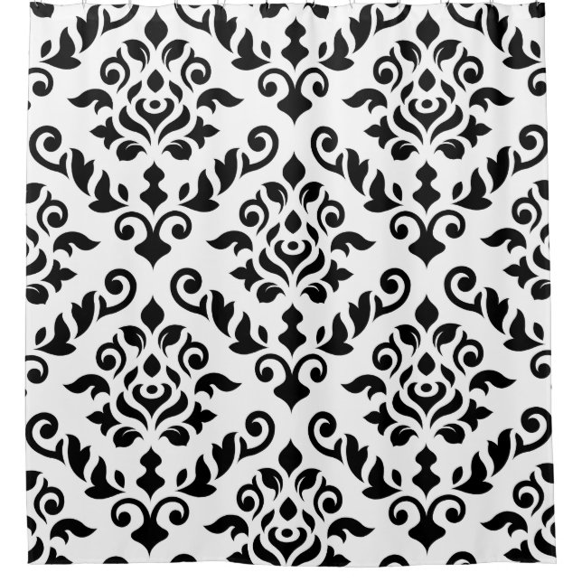 Damask Baroque Large Pattern Black on White Shower Curtain (Front)