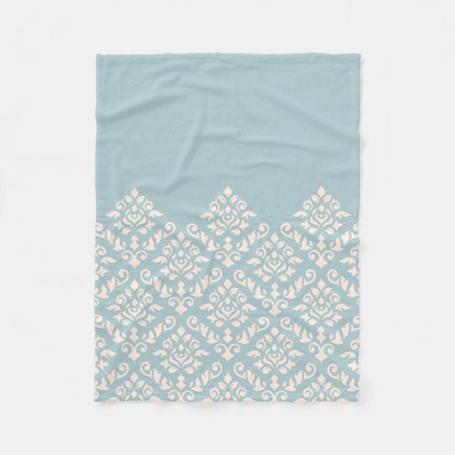 Damask Baroque Part Pattern Cream on Blue Fleece Blanket (Front)