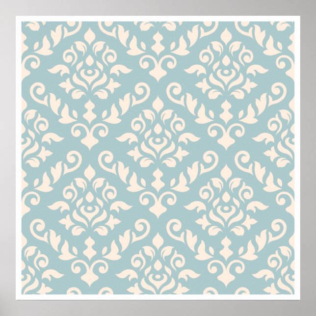 Damask Baroque Pattern Cream on Blue Poster (Front)
