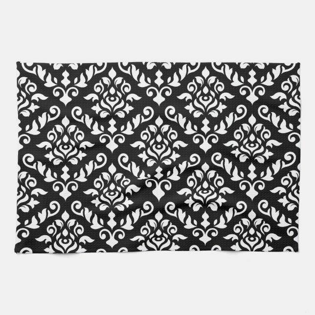Damask Baroque Pattern White on Black Towel (Horizontal)