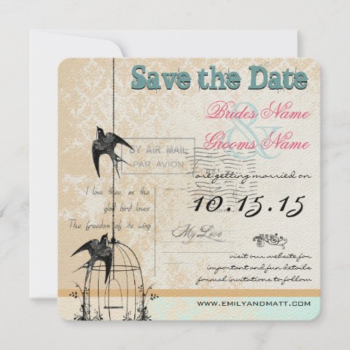 Damask Birdcage Wedding Save the Date Pink Green