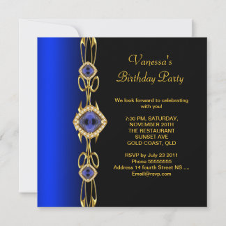 Damask Birthday Party Colbalt Blue Gold Black Invitation