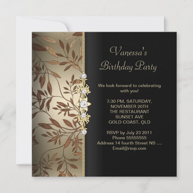 Damask Birthday Party Gold Black Floral Brown Invitation (Front)