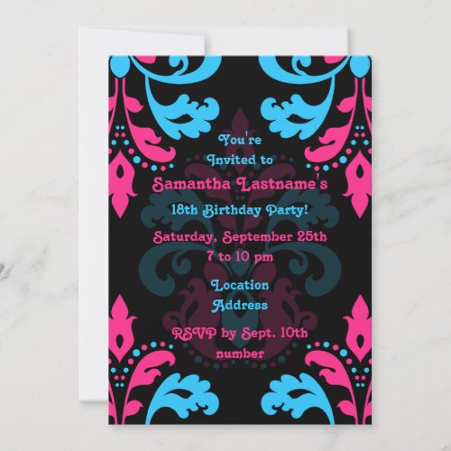 Hot pink, turquoise, black damask birthday party invite