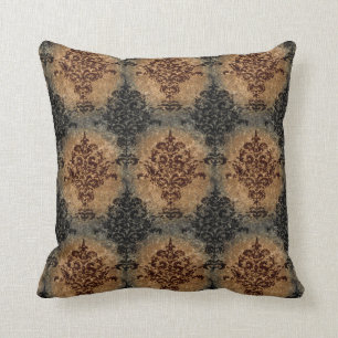 Damask Black and Rust Gray Tan Throw Pillow