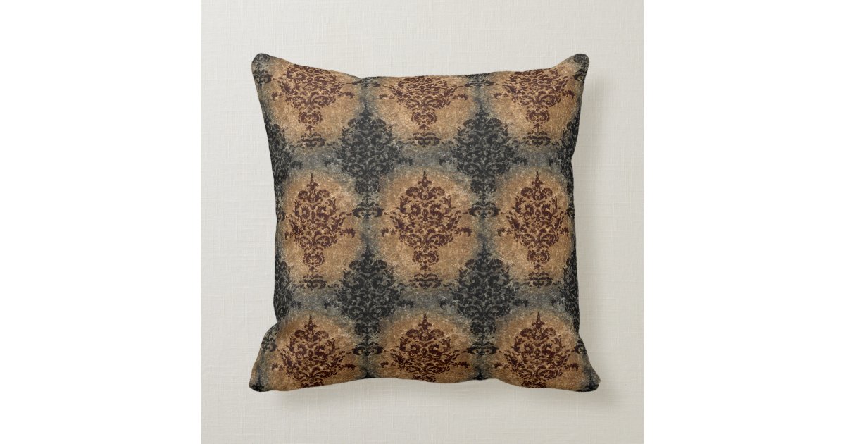 Damask Black and Rust Gray Tan Throw Pillow