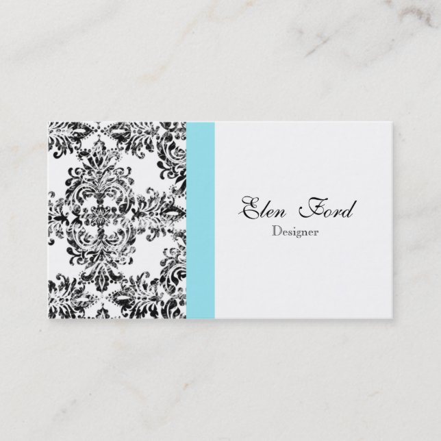 Damask Black and White and Blue  Elegant Business Business Card (Front)