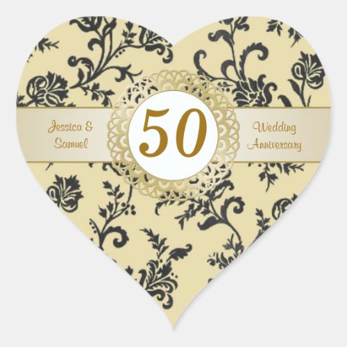 Damask black flowers on gold Wedding Anniversary Heart Sticker