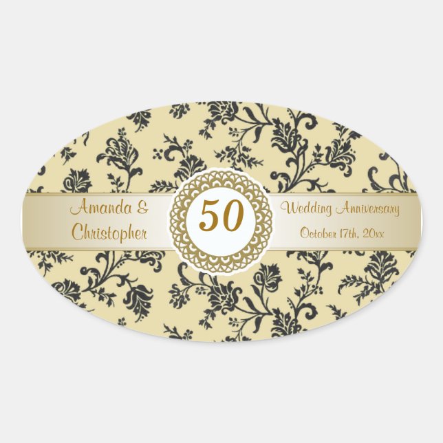 Damask black flowers on gold Wedding Anniversary Oval Sticker (Front)