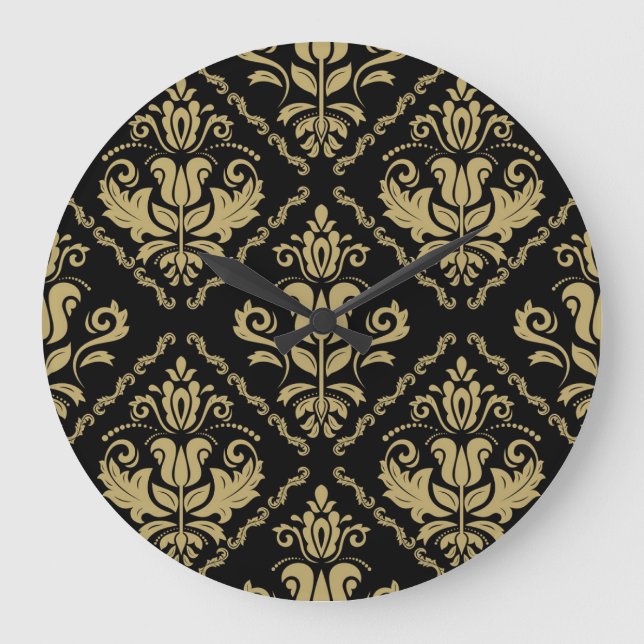Damask Black Gold: Classic Ornament. Large Clock (Front)