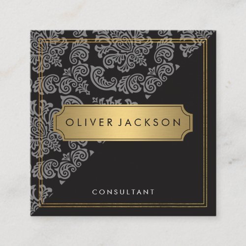 Damask Black Gold Executive Double Border Square Business Card