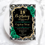 Damask Black Gold Green Roses 18th Birthday Invitation<br><div class="desc">18th Birthday Party Invitation. Elegant floral emerald green design with faux glitter gold and roses. Features black and white damask pattern and script font. Perfect for a stylish womens bday celebration. Can be customized for any age! Printed Zazzle invitations or instant download digital printable template.</div>