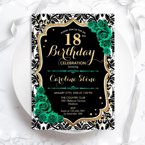 Damask Black Gold Green Roses 18th Birthday Invitation