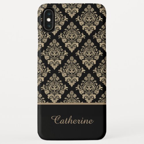 Damask Black Gold Swirl Personalized Name iPhone XS Max Case