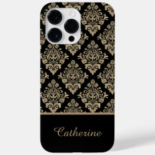 Damask Black Gold Swirl Personalized Name Case-Mate iPhone 14 Pro Max Case