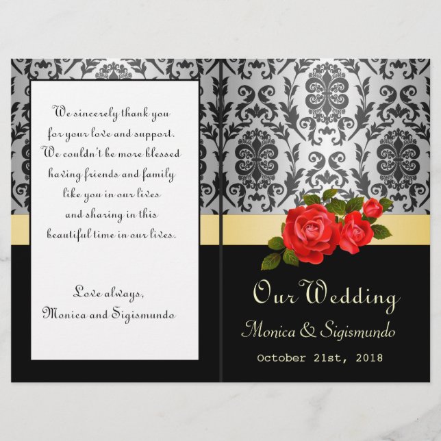 Damask black, gray, red roses Wedding Program (Front)