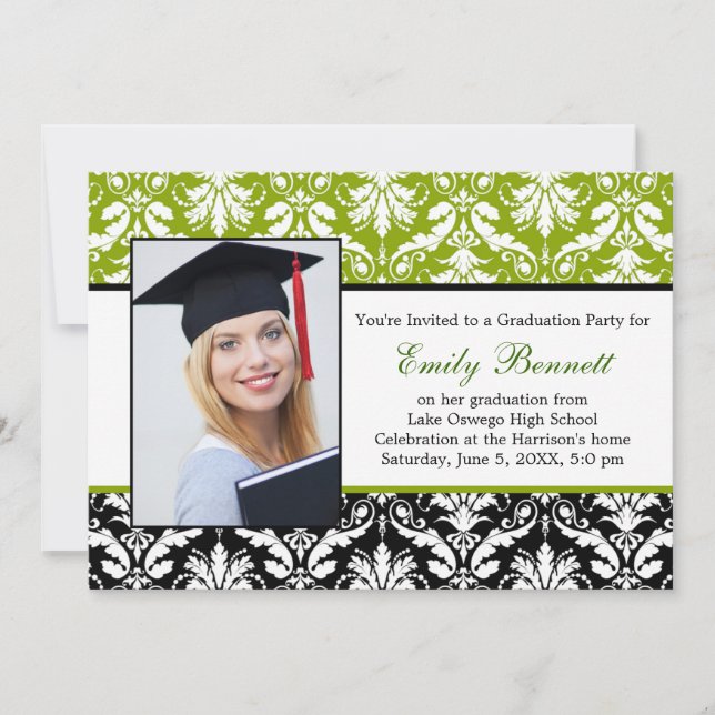 Damask black lime Graduation Party Invitation (Front)