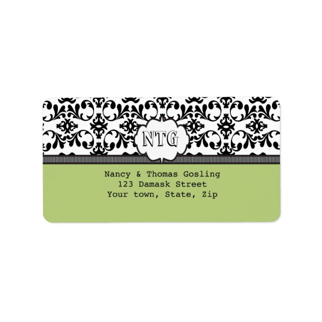Damask black lime monogram Wedding Label (Front)