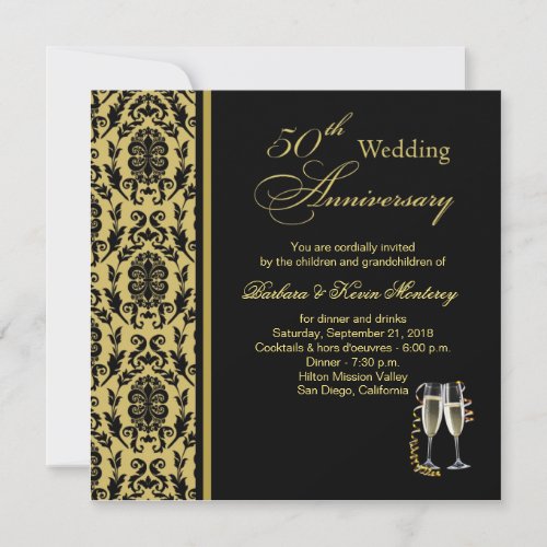 Damask black on gold 50th Wedding Anniversary Invitation