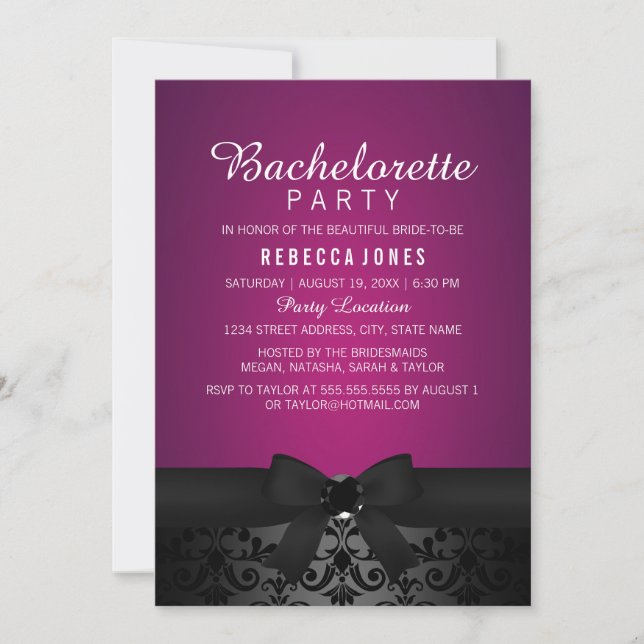 Damask Black & Pink Bow Bachelorette Party Invite (Front)