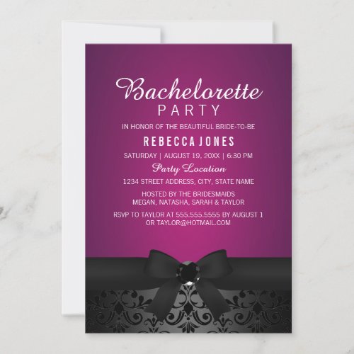 Damask Black  Pink Bow Bachelorette Party Invite