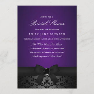 Damask Black & Purple Bow Bridal Shower Invite