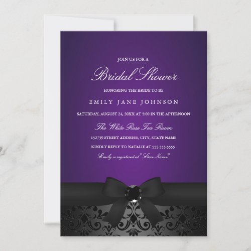 Damask Black  Purple Bow Bridal Shower Invite