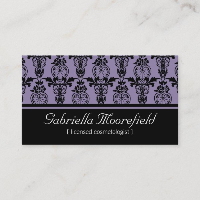 Damask Black Purple Cosmetologist Business Cards (Front)