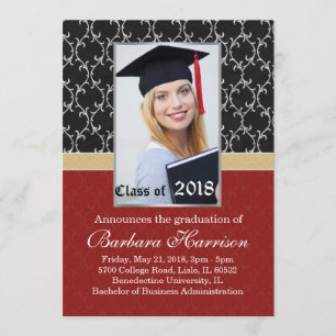 Damask black, red Graduation Announcement Photo